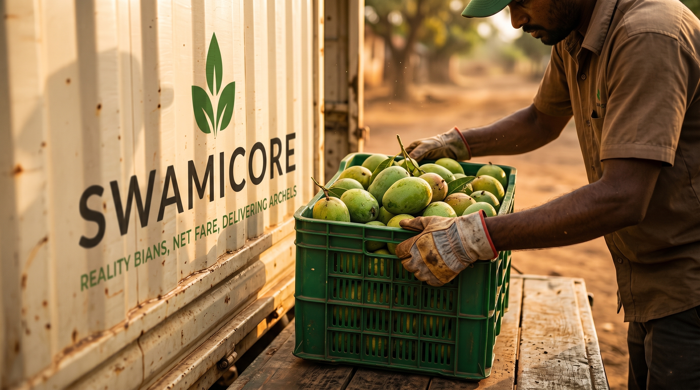 Worker loading mango crates into a SWAMICORE logistics container