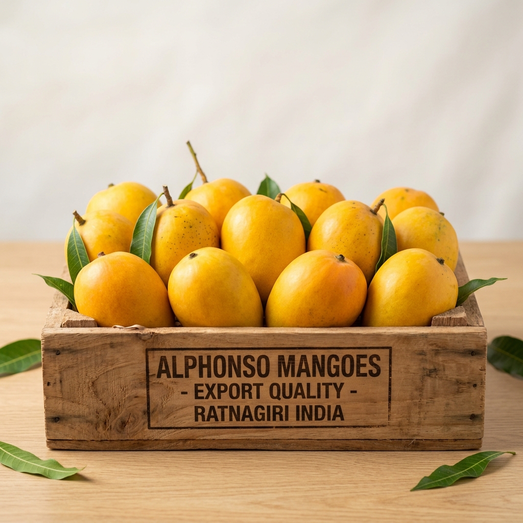 Alphonso mangoes in an export-quality wooden crate
