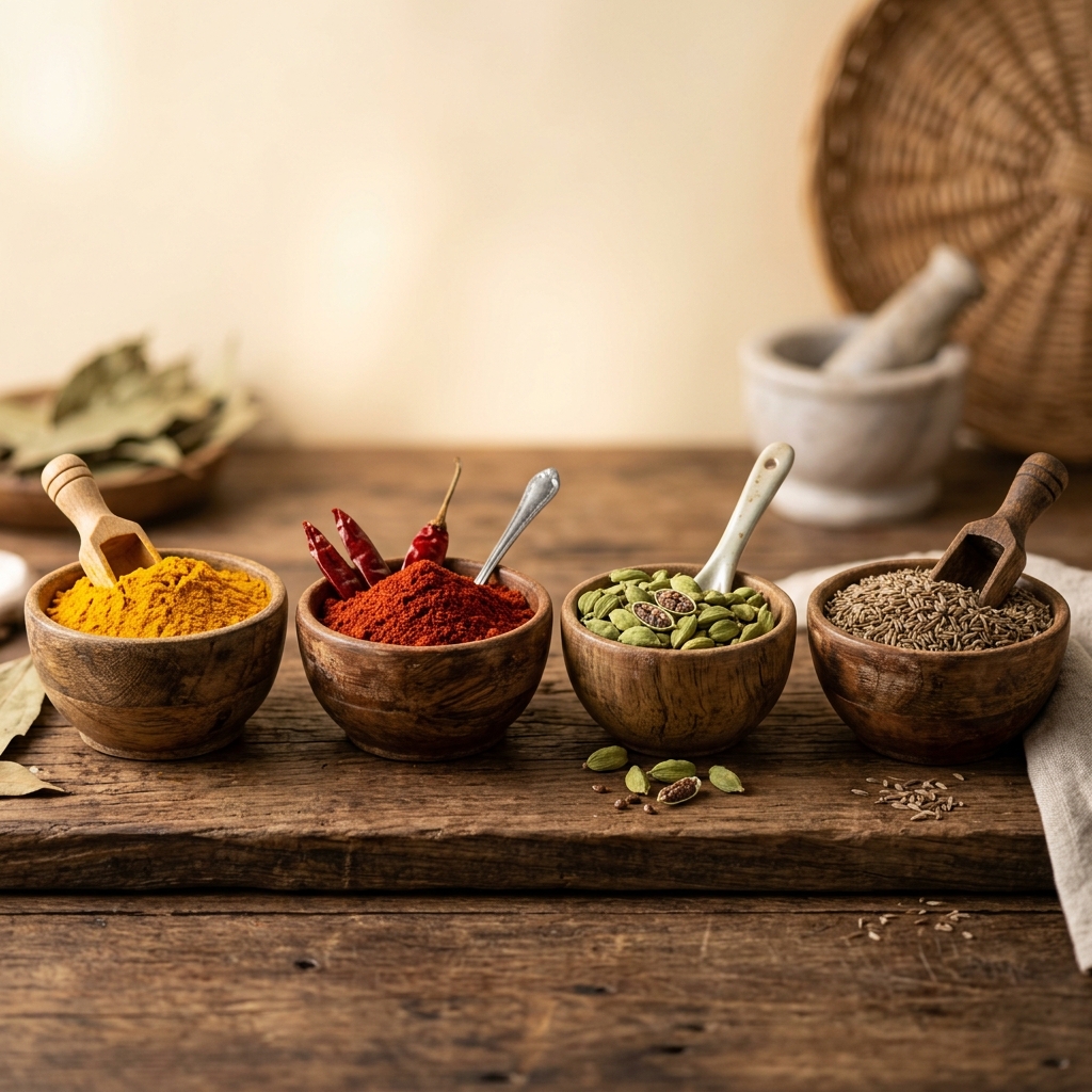 Assorted Indian spices arranged for export